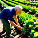 **Image Prompt:** A vibrant Italian garden in springtime, overflowing with artichokes, asparagus, fava beans, and sweet peas. Sunlight filters through the rows of plants. In the background, an elderly man (nonno) and a young child are harvesting asparagus together.