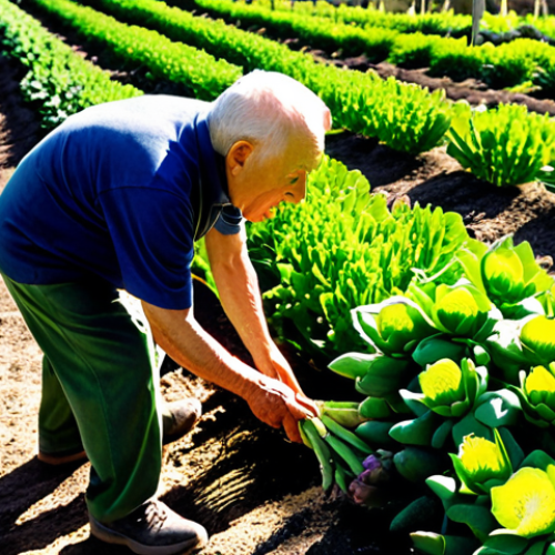 Home 6 **Image Prompt:** A vibrant Italian garden in springtime, overflowing with artichokes, asparagus, fava beans, and sweet peas. Sunlight filters through the rows of plants. In the background, an elderly man (nonno) and a young child are harvesting asparagus together.