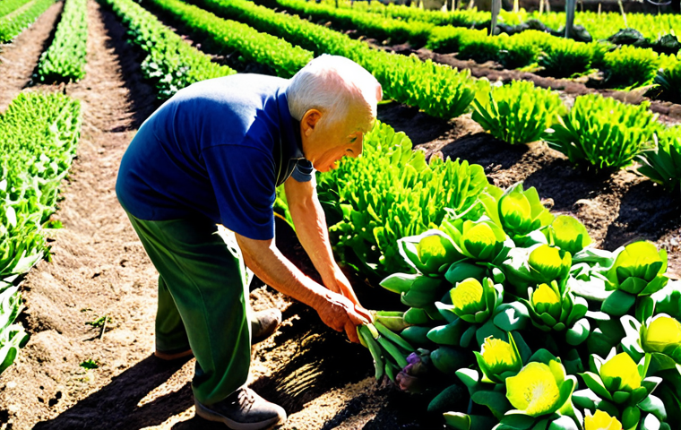 **Image Prompt:** A vibrant Italian garden in springtime, overflowing with artichokes, asparagus, fava beans, and sweet peas. Sunlight filters through the rows of plants. In the background, an elderly man (nonno) and a young child are harvesting asparagus together.