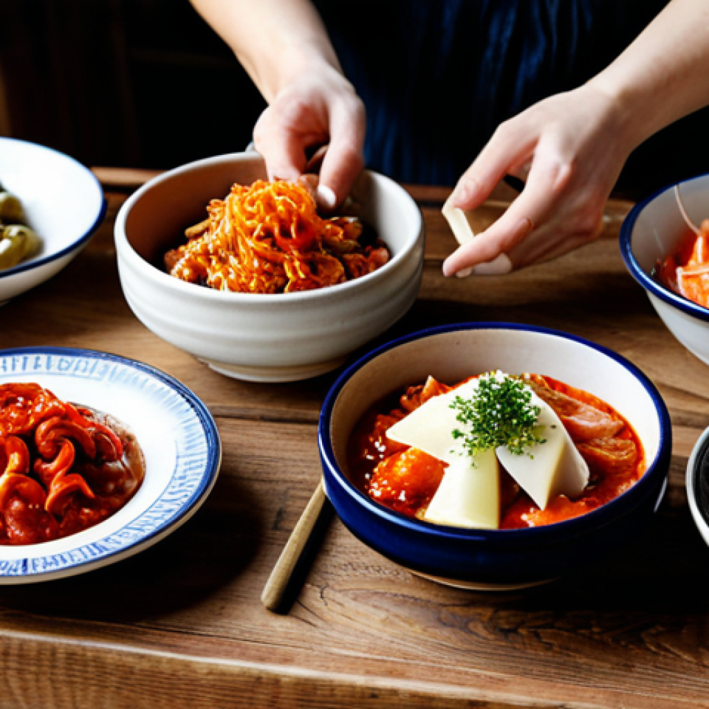 Kimchi Feast**

"A rustic wooden table laden with various types of kimchi in ceramic bowls, alongside traditional Italian antipasti like olives and cheeses, fully clothed, safe for work, appropriate content, professional food photography, natural lighting, vibrant colors, family-friendly, perfect anatomy, correct proportions, well-formed hands, proper finger count, professional."

**