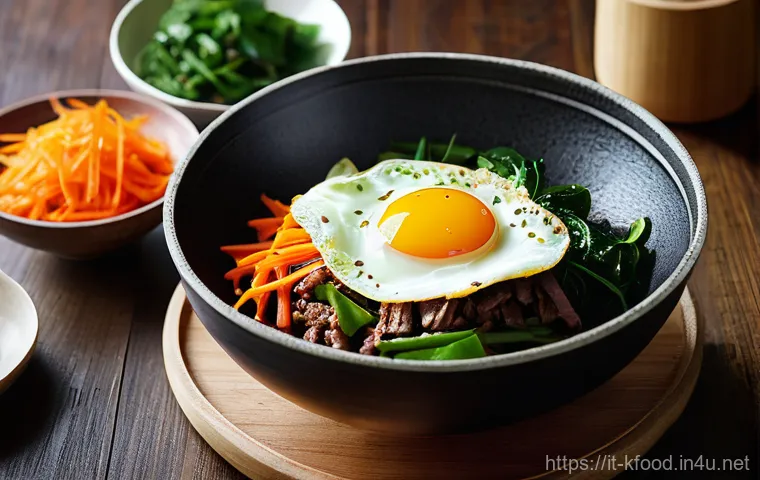 한식 주방 필수 아이템 - **Prompt:** A vibrant, close-up shot of a steaming "Dolsot" stone bowl filled with a perfectly cooke...