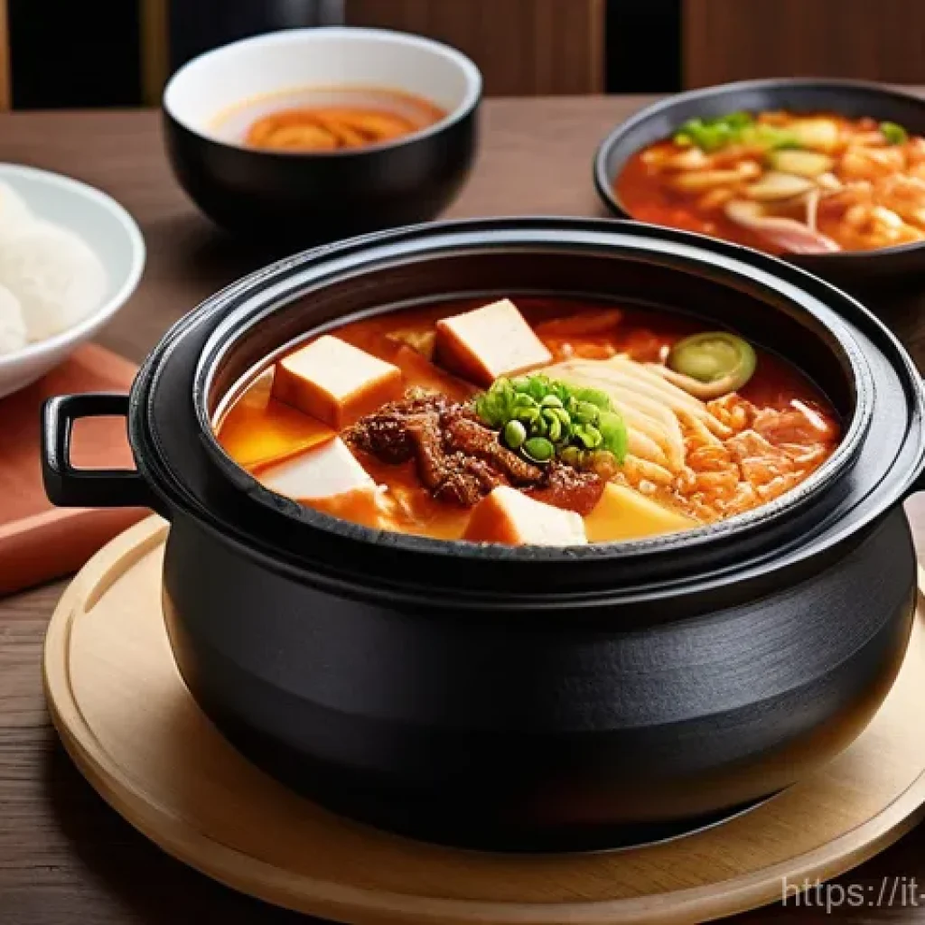 한식 찌개 종류와 레시피 - **"A vibrant and cozy scene featuring a bubbling Kimchi Jjigae. The focus is a traditional Korean st...