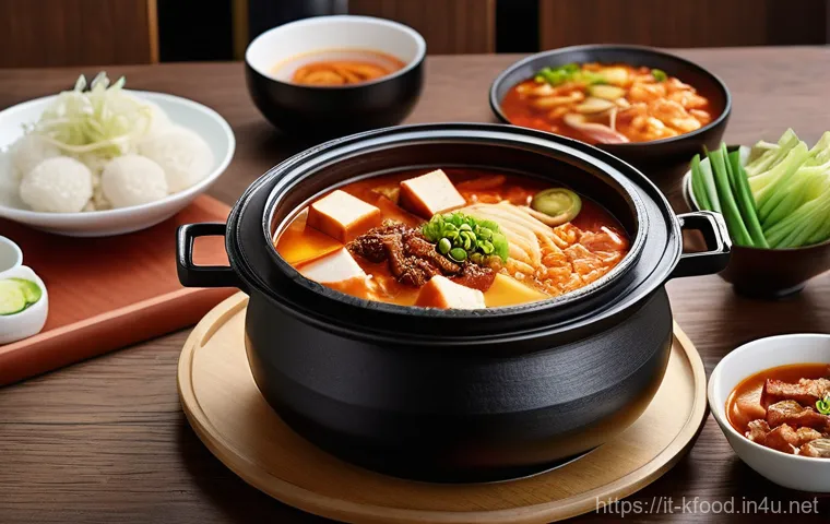 한식 찌개 종류와 레시피 - **"A vibrant and cozy scene featuring a bubbling Kimchi Jjigae. The focus is a traditional Korean st...