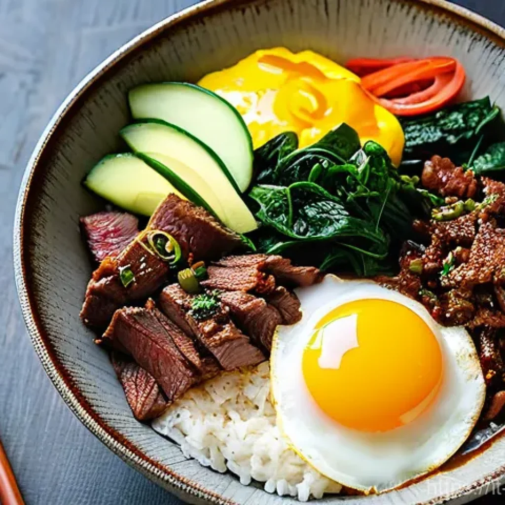한식 명인의 요리법 - **Vibrant Bibimbap Bowl**: A beautifully composed, top-down shot of a steaming *dolsot bibimbap* (ho...