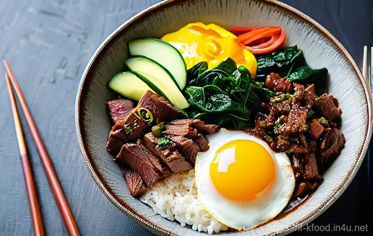 한식 명인의 요리법 - **Vibrant Bibimbap Bowl**: A beautifully composed, top-down shot of a steaming *dolsot bibimbap* (ho...
