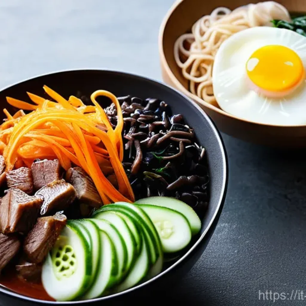 한식 국수 요리 종류 - **Prompt:** A vibrant, artfully arranged spread of various Korean noodle dishes, showcasing their di...