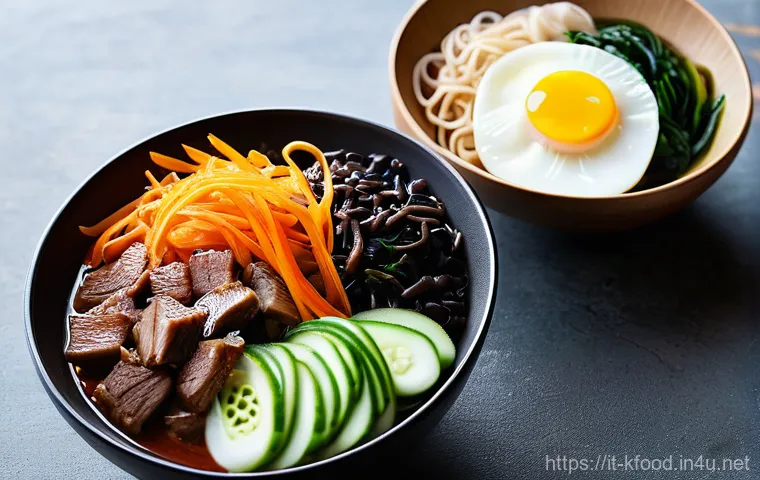 한식 국수 요리 종류 - **Prompt:** A vibrant, artfully arranged spread of various Korean noodle dishes, showcasing their di...