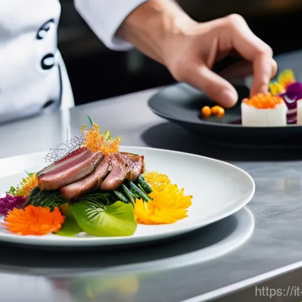 한식 요리 경연대회 - A professional Korean chef, male, in his late 30s, with a clean, modern chef's uniform (jacket and a...