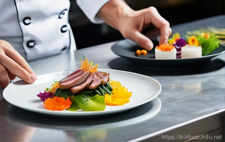 한식 요리 경연대회 - A professional Korean chef, male, in his late 30s, with a clean, modern chef's uniform (jacket and a...