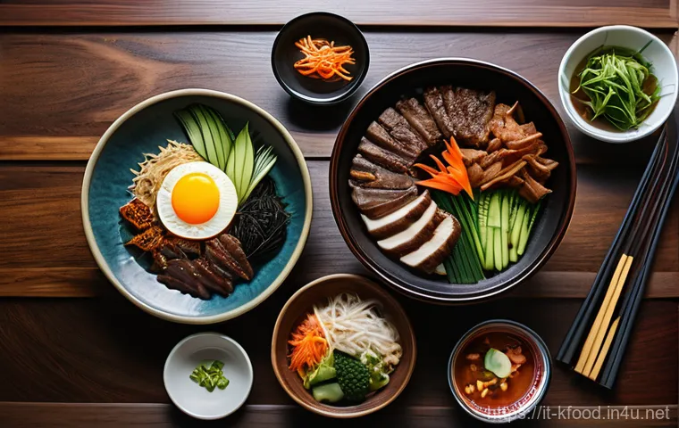 한식 요리 경연대회 - A lively and bustling traditional Korean food market scene during the day. Stalls are overflowing wi...