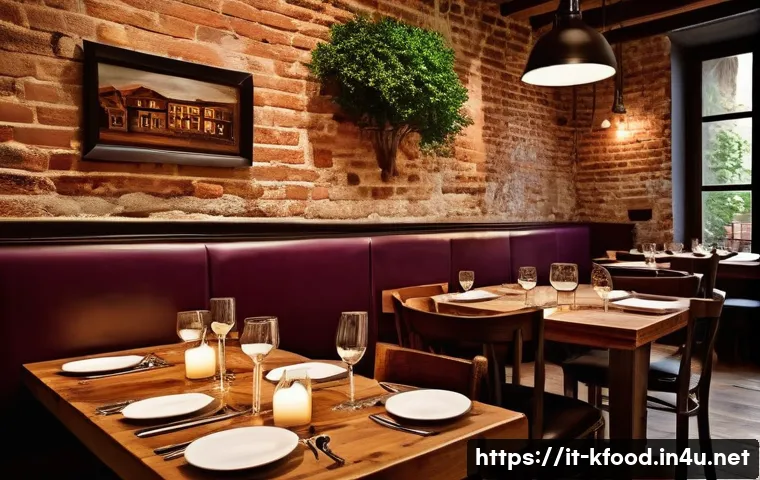 한식 주점 인기 메뉴 - A rustic Italian osteria interior featuring warm wooden tables and exposed brick walls, with a beaut...