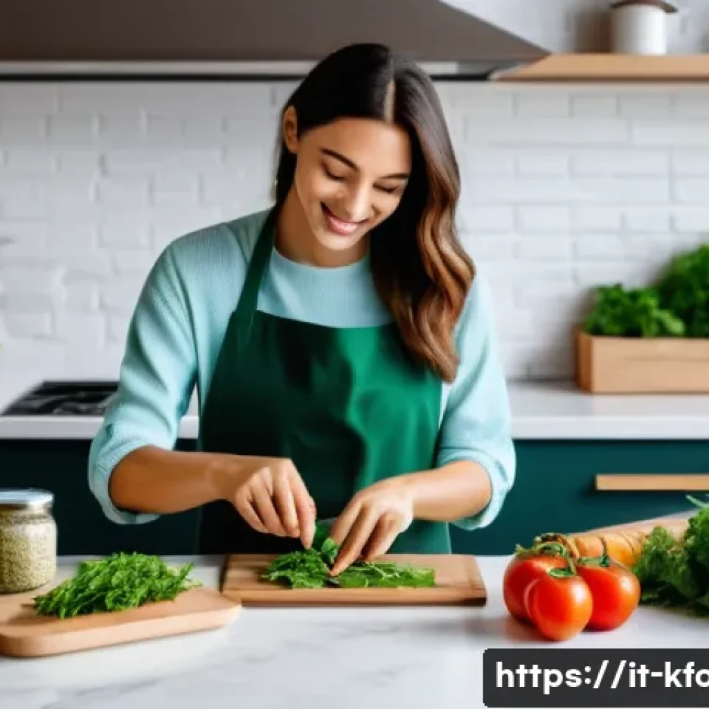 한식 중소기업 밀키트 제품 - A vibrant and modern kitchen scene featuring a stylish young Italian woman preparing a healthy ethni...