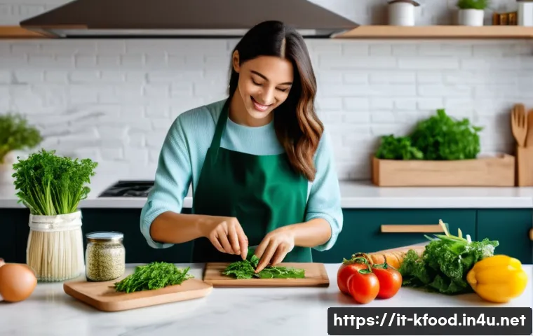 한식 중소기업 밀키트 제품 - A vibrant and modern kitchen scene featuring a stylish young Italian woman preparing a healthy ethni...