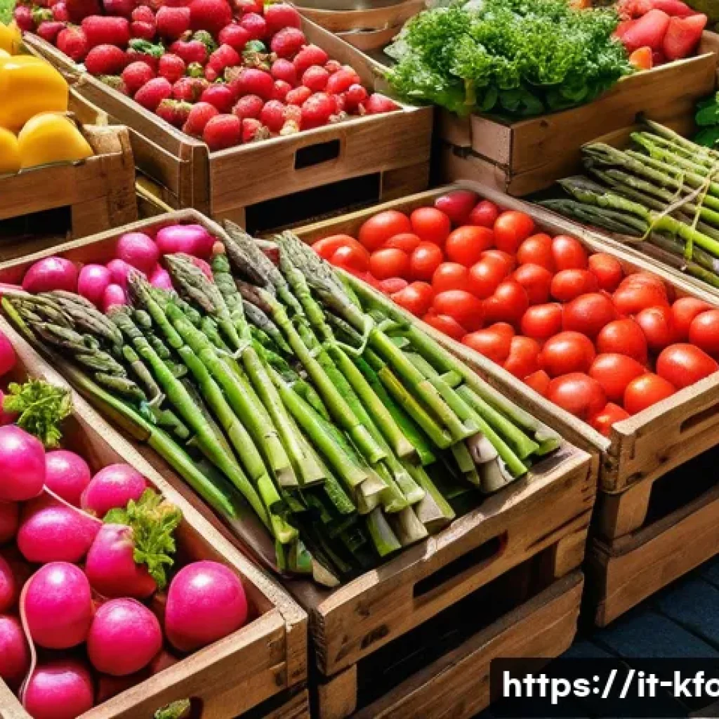 한식 식재료의 계절성 - A vibrant spring market scene in Italy showcasing fresh seasonal vegetables like asparagus, spinach,...