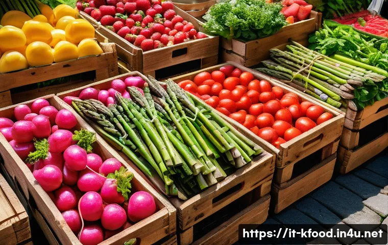 한식 식재료의 계절성 - A vibrant spring market scene in Italy showcasing fresh seasonal vegetables like asparagus, spinach,...