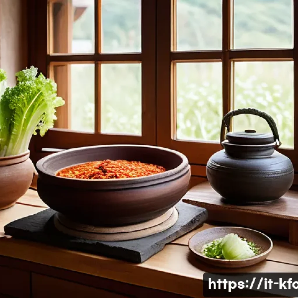 전통 한식 조리법 - A rustic Korean kitchen scene showcasing traditional fermentation tools and ingredients: a large ear...