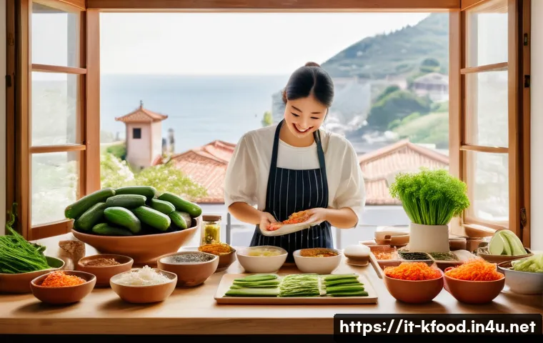 한식 반찬 밀키트 후기 - A bright, cozy Italian kitchen scene featuring a wooden table set with an assortment of Korean side ...