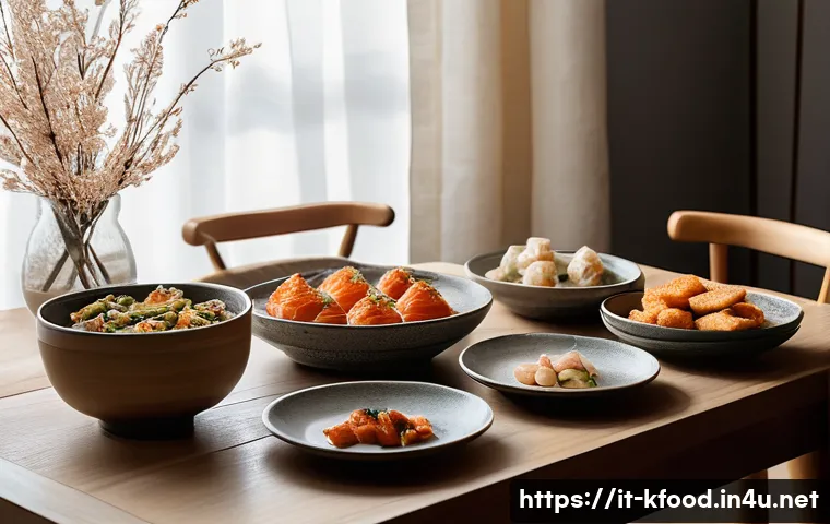 한식 전통주와 어울리는 안주 - A cozy Italian home dining setting featuring a wooden table arranged for a jeontongju tasting experi...