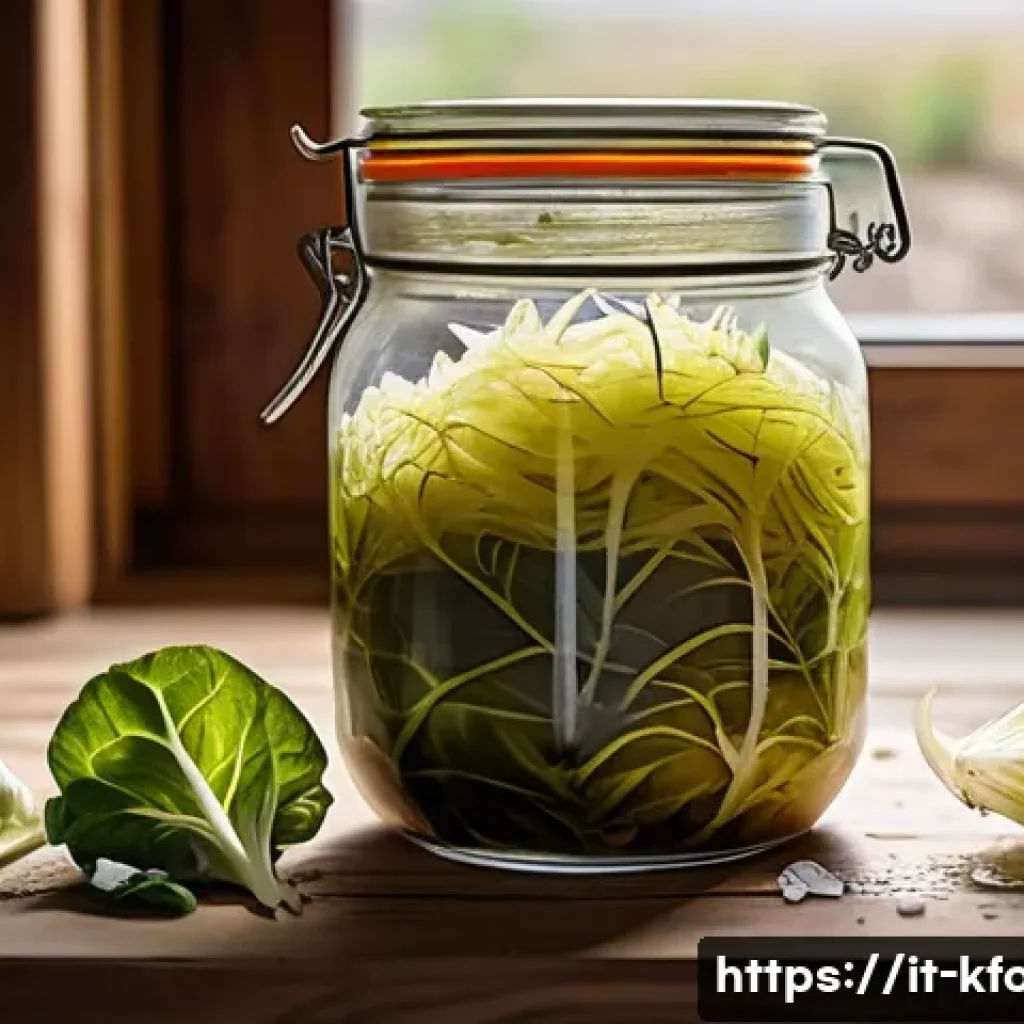 한식 요리의 발효과학 - A vibrant close-up of traditional Italian sauerkraut (crauti) fermentation in a rustic glass jar, sh...