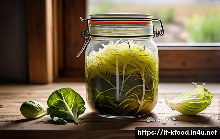 한식 요리의 발효과학 - A vibrant close-up of traditional Italian sauerkraut (crauti) fermentation in a rustic glass jar, sh...