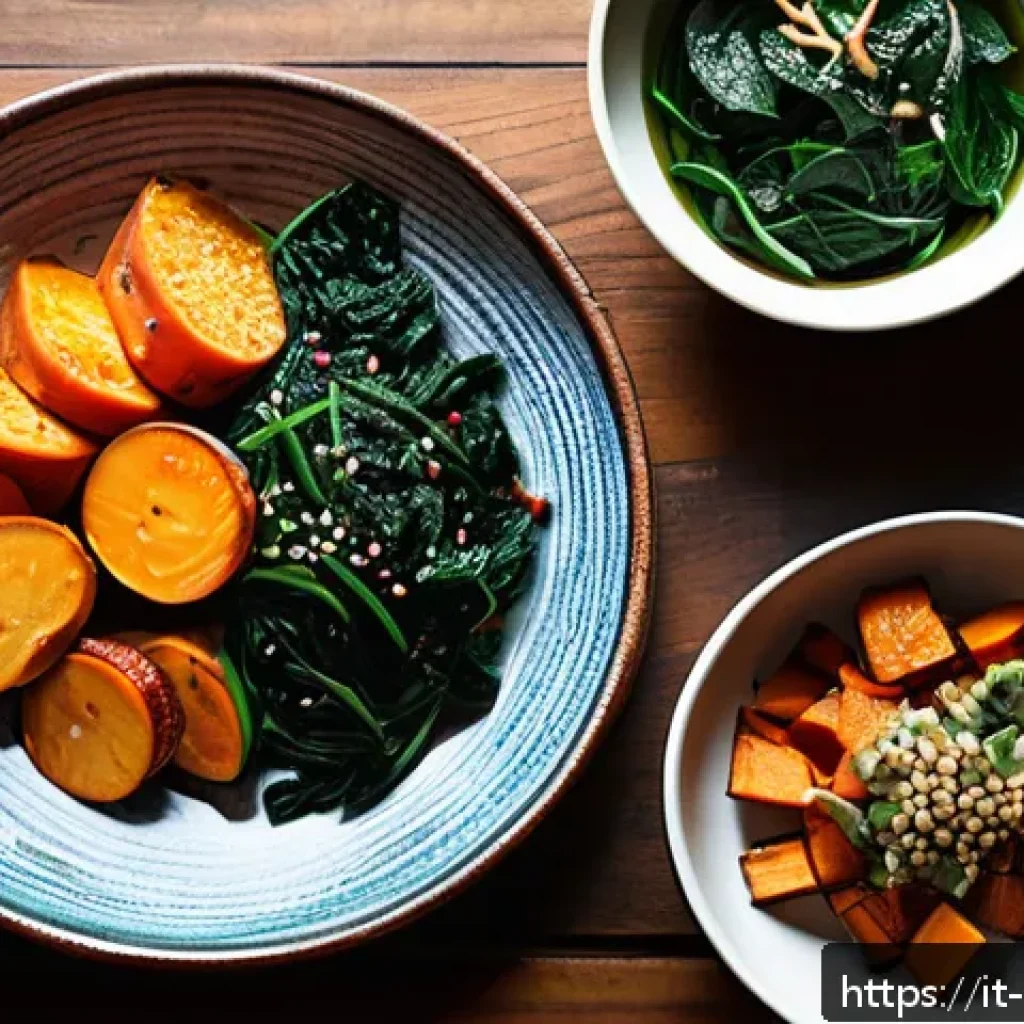 한식 반찬 밀키트 - A vibrant Korean banchan spread on a rustic wooden table, featuring small colorful ceramic bowls fil...