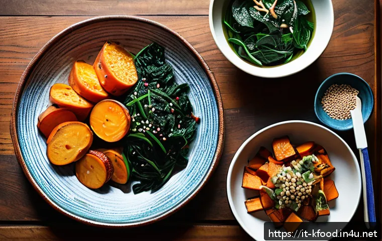 한식 반찬 밀키트 - A vibrant Korean banchan spread on a rustic wooden table, featuring small colorful ceramic bowls fil...
