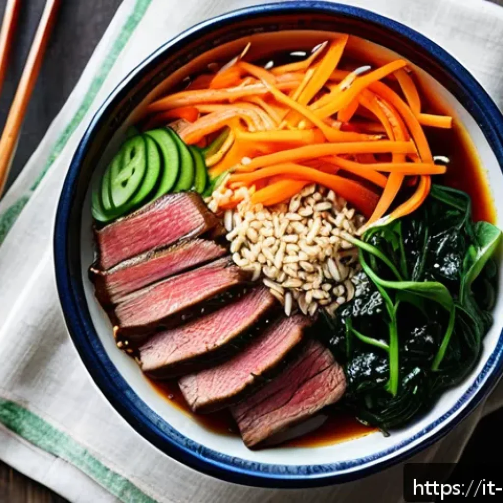 한식 비빔밥 레시피 - A vibrant, top-down view of a traditional bibimbap dish artfully arranged in a rustic Italian cerami...
