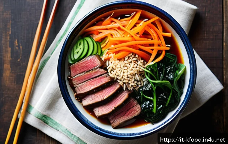 한식 비빔밥 레시피 - A vibrant, top-down view of a traditional bibimbap dish artfully arranged in a rustic Italian cerami...
