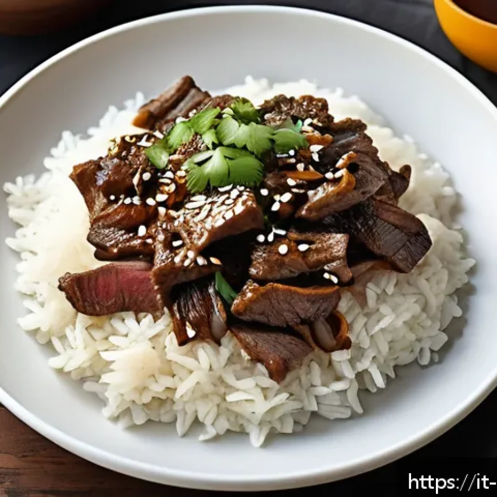 한식 불고기 레시피 - A close-up image of authentic Italian-style Bulgogi served on a white ceramic plate, featuring thinl...