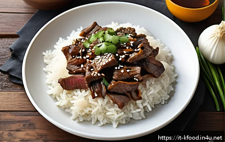 한식 불고기 레시피 - A close-up image of authentic Italian-style Bulgogi served on a white ceramic plate, featuring thinl...