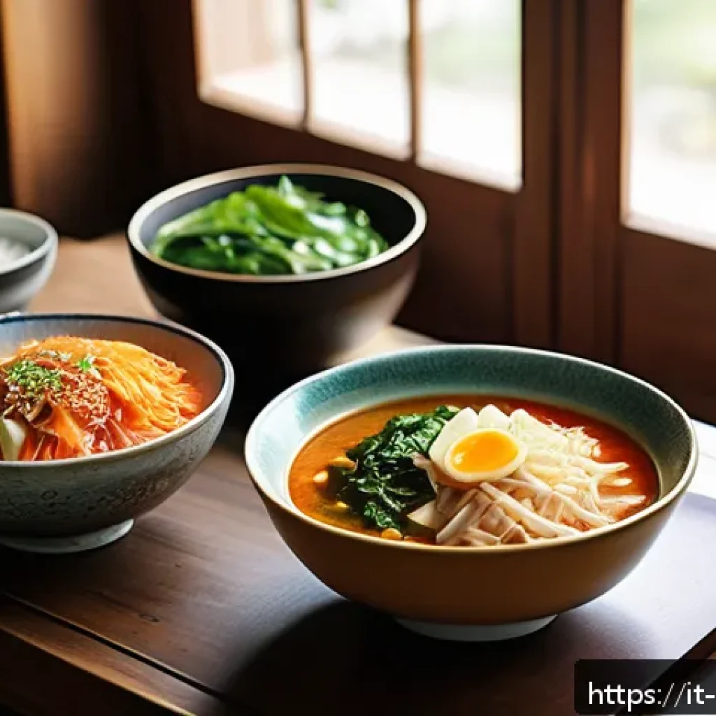 한식 요리사 인터뷰 - A vibrant Korean traditional dining table set in an elegant Italian home kitchen, featuring a variet...