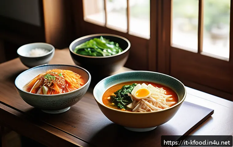 한식 요리사 인터뷰 - A vibrant Korean traditional dining table set in an elegant Italian home kitchen, featuring a variet...