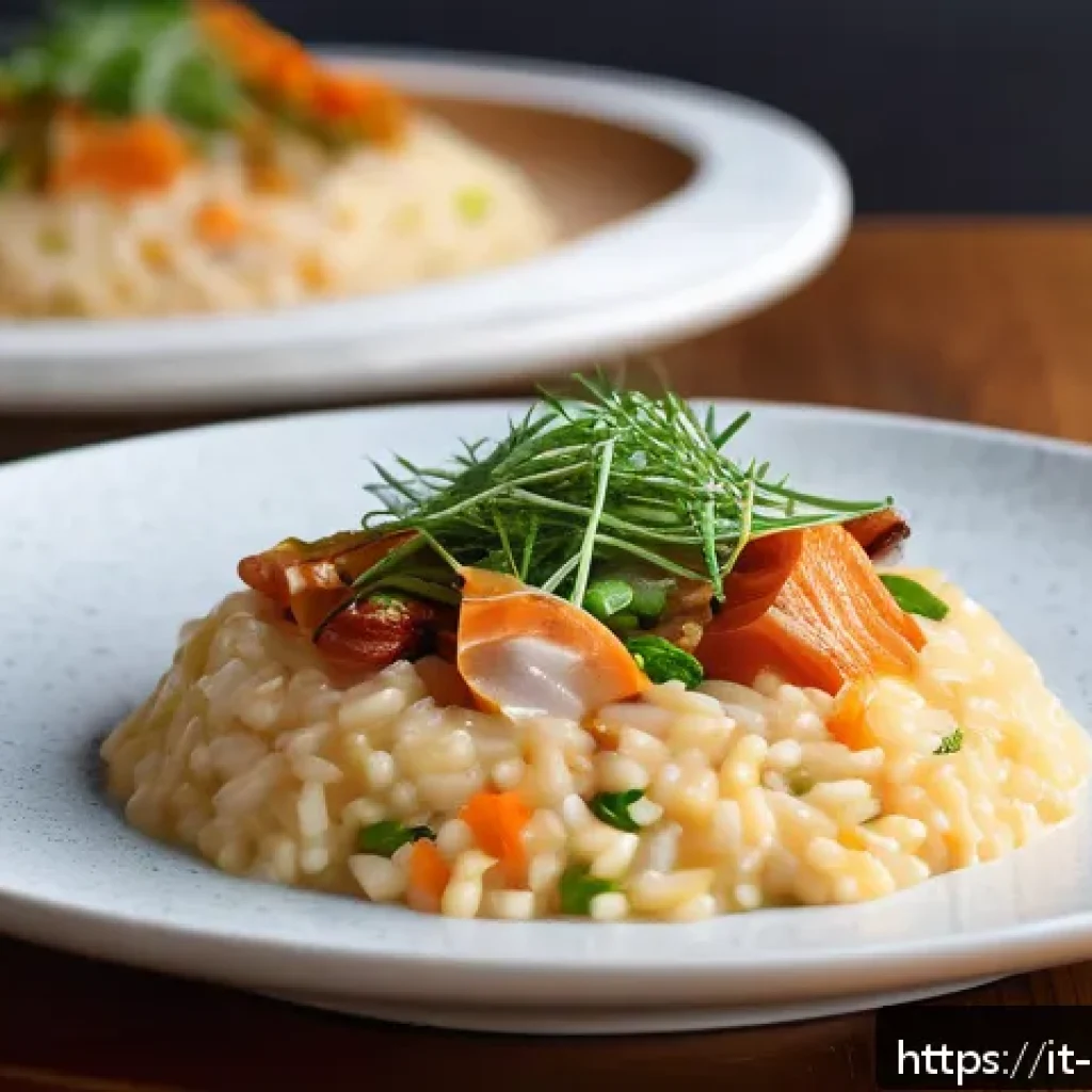 퓨전 한식 메뉴 소개 - A gourmet fusion dish featuring a creamy Italian risotto infused with vibrant, fermented kimchi, gar...