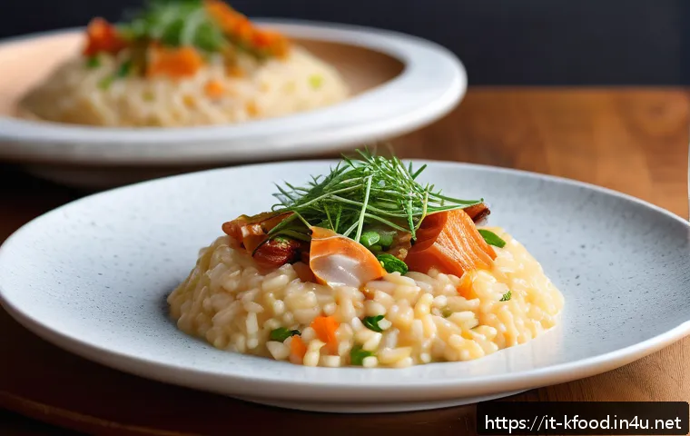 퓨전 한식 메뉴 소개 - A gourmet fusion dish featuring a creamy Italian risotto infused with vibrant, fermented kimchi, gar...