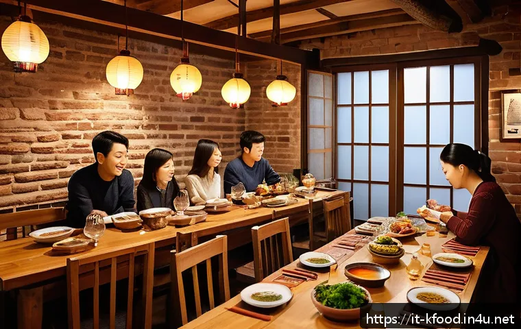 전통 한식과 퓨전 한식 비교 - A vibrant Korean traditional dining scene in a warmly lit rustic Italian trattoria, featuring a fami...