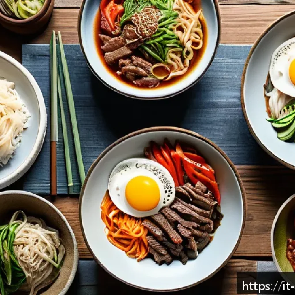 한식 밀키트 제조사 비교 - A beautifully arranged Korean meal kit on a rustic Italian wooden table, featuring traditional dishe...