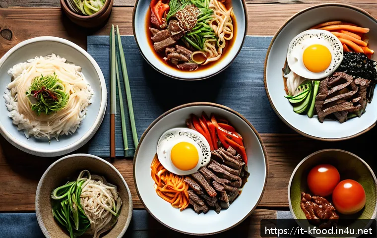 한식 밀키트 제조사 비교 - A beautifully arranged Korean meal kit on a rustic Italian wooden table, featuring traditional dishe...