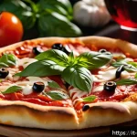 Home 22 한식 전통과 현대 융합 사례 - A sophisticated gourmet pizza served in a modern Italian pizzeria setting, featuring a crispy golden...
