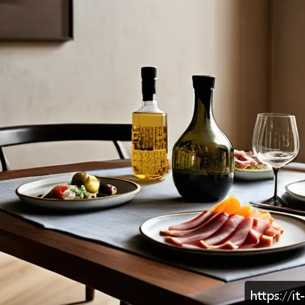 한식 소믈리에 추천 전통주 - A sophisticated Italian dining table set for an elegant aperitivo featuring traditional Korean liquo...
