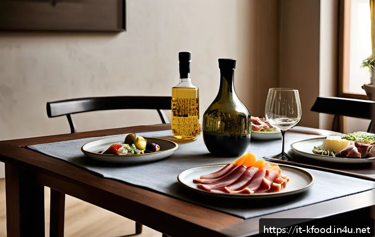 한식 소믈리에 추천 전통주 - A sophisticated Italian dining table set for an elegant aperitivo featuring traditional Korean liquo...