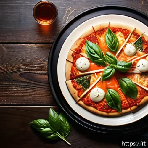 Home 32 한식의 글로벌 스타트업 - A vibrant, modern Italian gourmet restaurant setting featuring a stylish plate of fusion kimchi pizz...