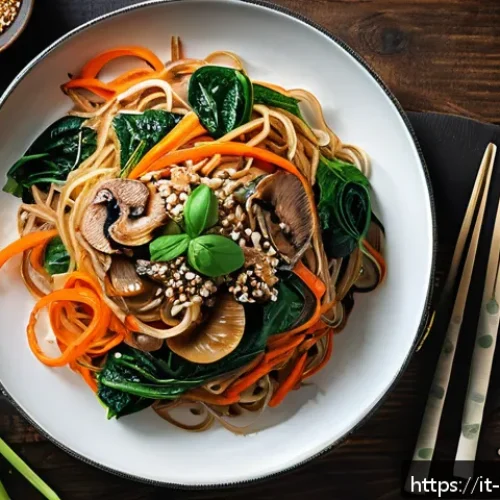 Home 30 한식 잡채 레시피 - A vibrant and authentic japchae dish served on a large rustic ceramic plate, featuring translucent s...