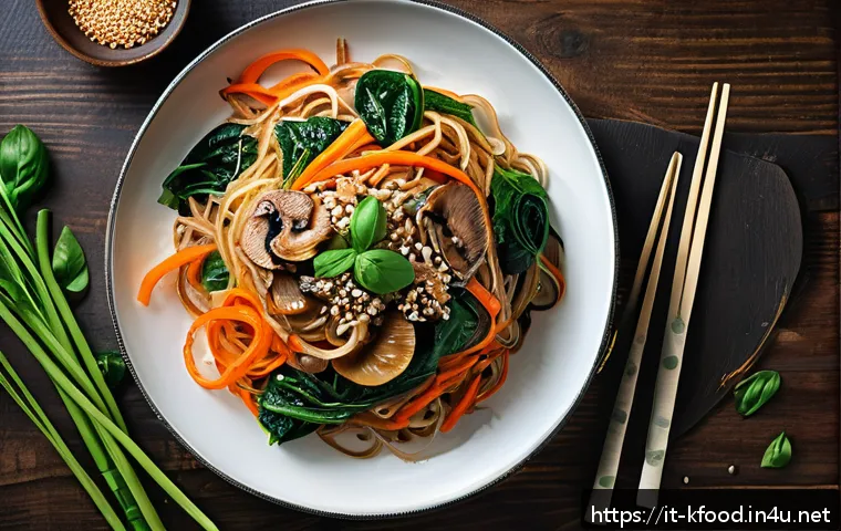 한식 잡채 레시피 - A vibrant and authentic japchae dish served on a large rustic ceramic plate, featuring translucent s...