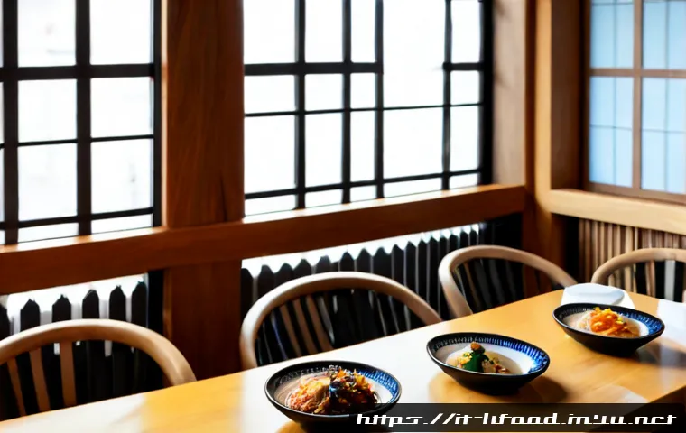 Home 17 한식 테마의 카페 소개 - Photorealistic Italian café interior with a refined Korean-inspired food theme, warm natural wood ta...