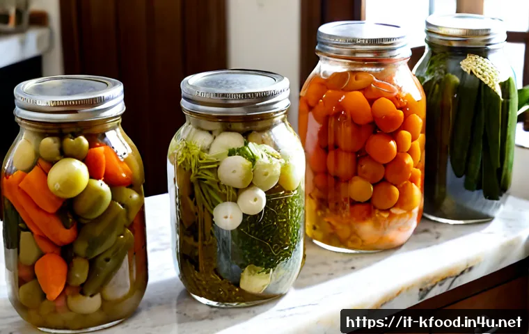 Home 17 한식 장아찌 레시피와 보관법 - Photorealistic Italian home kitchen scene showing a colorful assortment of homemade giardiniera-styl...