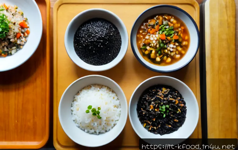 Home 17 한식 즉석밥 종류와 비교 - Photorealistic overhead comparison of several unbranded Korean-style instant rice meal varieties in ...